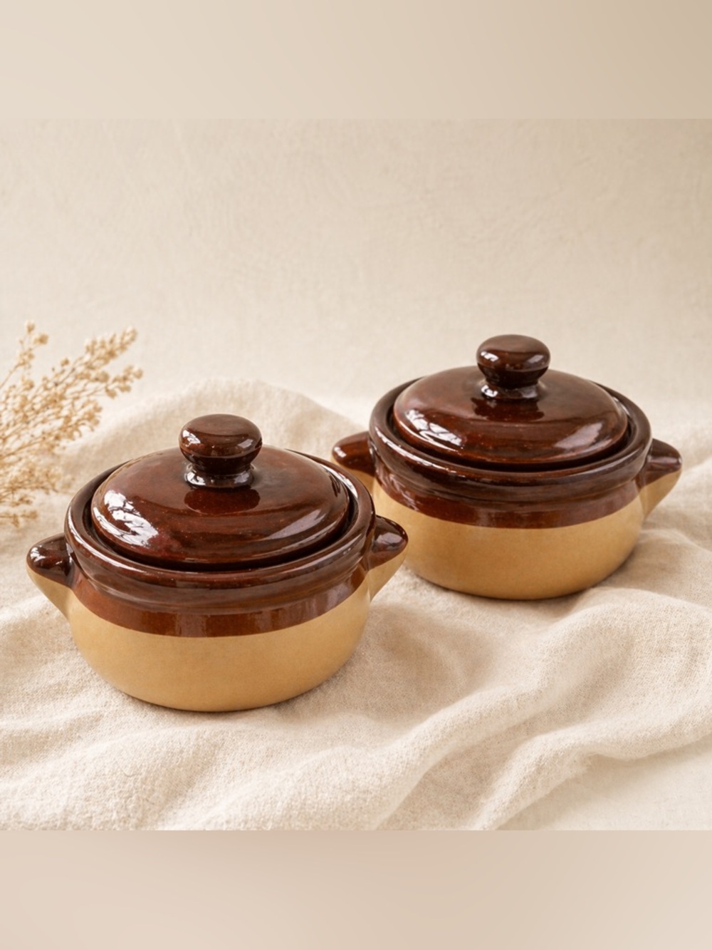 Brown and Tan Ceramic Lidded Casseroles (Set of 2)